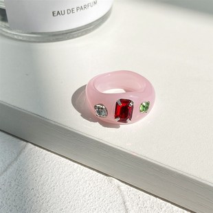 women Jelly rings ring 果冻色树脂压克力镶钻戒指女 diamond