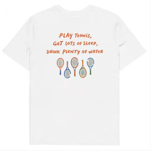 手绘彩色网球拍趣味英文短袖男女 PLAY TENNIS 简约复古印花宽松