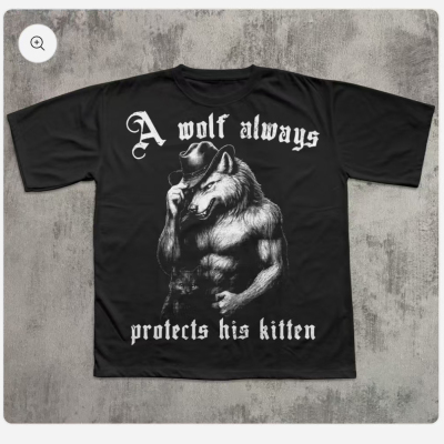 FUNNY T-SHIRT  A WOLF ALWAYS PROTECTS HIS KITTEN 狼保护T恤男