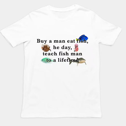 Buy a man eat fish 趣味搞怪鱼类印花 T 恤 美式梗宽松短袖男女