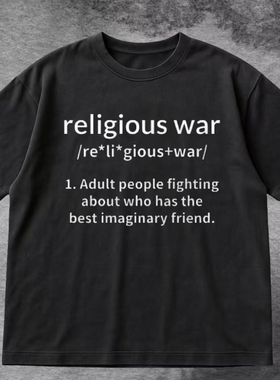 美式复古趣味定义文字 T 恤 religious war 印花宽松 短袖男女潮