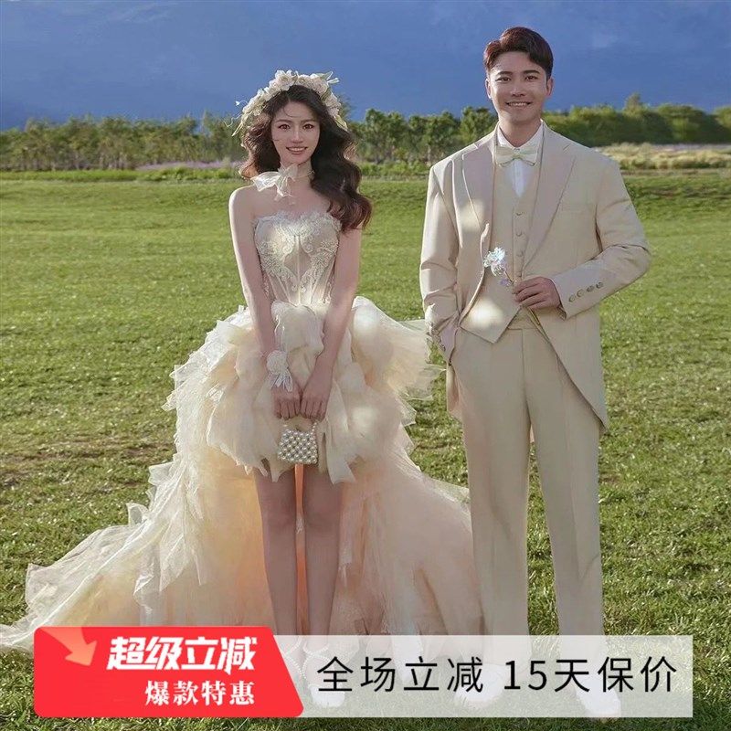 速发 后漫仙系蕾丝前短浪长韩式公主新娘拖尾婚纱1服礼87