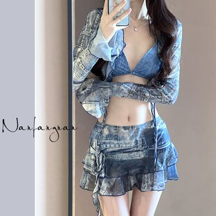 速发分体泉基尼复牛古仔蓝四件套遮肚度假纯欲泡温比泳装