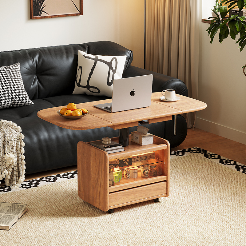 速发古复用实木茶桌升降茶几餐桌两风折叠伸缩日式可移动沙发边几