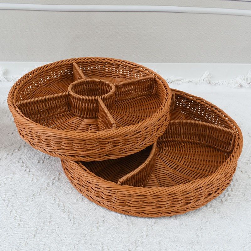 快速发货仿藤手工编织篮圆形零食糖D果分格果盘家用水果篮子点心,收纳整理,其他收纳篮,淘宝优惠券,粉丝福利购,淘宝优惠卷