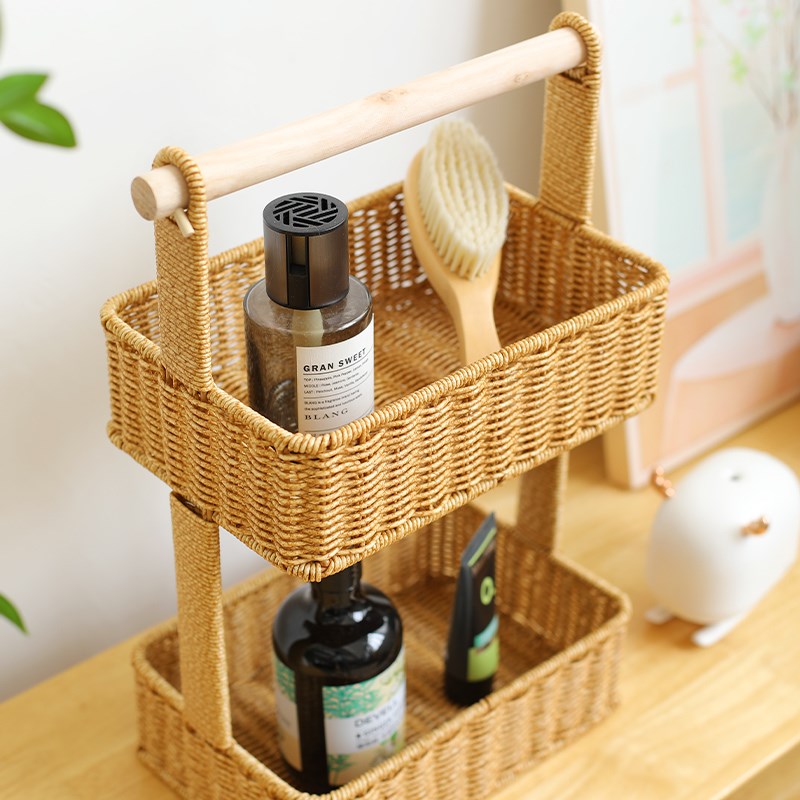 现货速发双层仿藤编置物架多层厨房浴室卫生间收纳架桌面零食储物