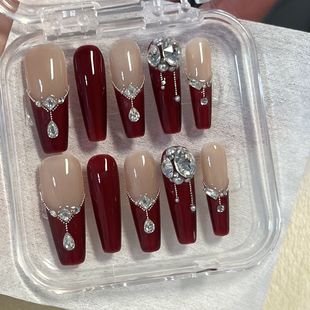 桑榆穿戴甲 华子钻球加锆石超闪本命年氛围感红色法式穿戴甲成品