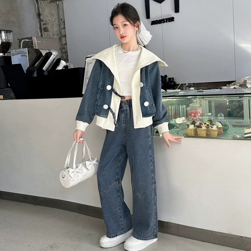 女童春装套装2025大童春秋牛仔披肩拼接外套阔腿裤网红休闲两套