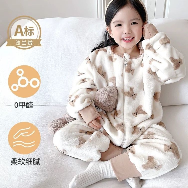 儿童连体睡衣2024新款秋冬加厚款法兰绒男童女童小宝宝家居服睡袋