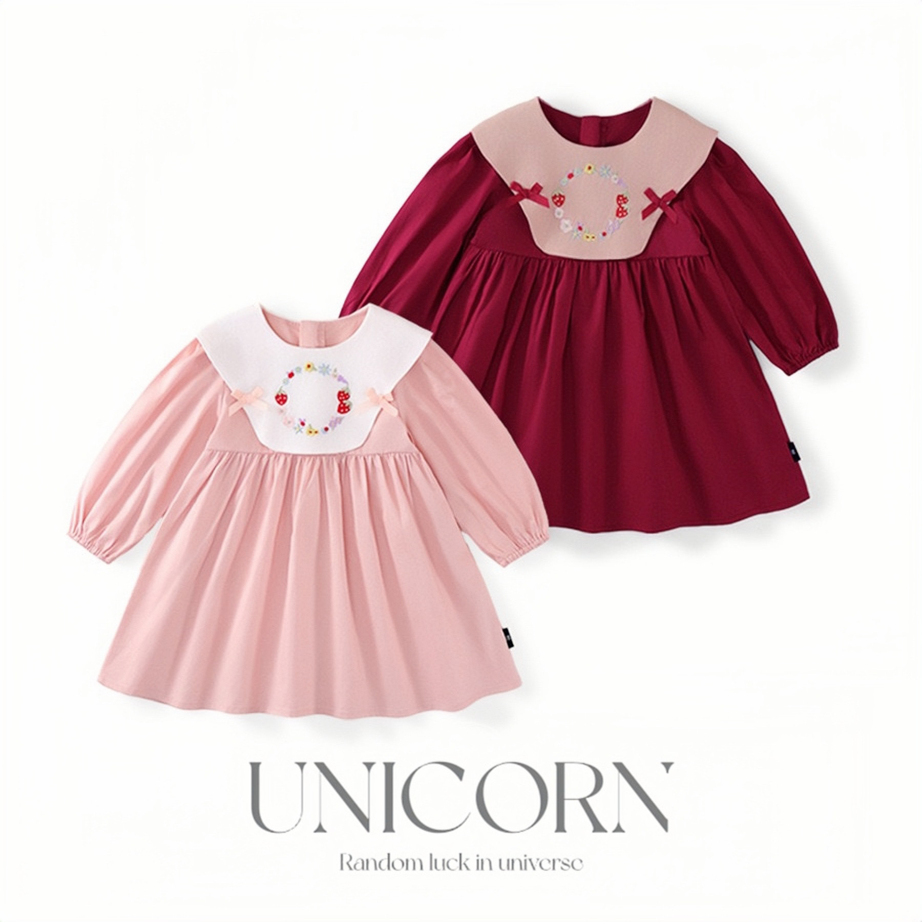 UNICORN女童26年春夏款韩版纯棉复古泡泡袖刺绣连衣裙娃娃领裙子