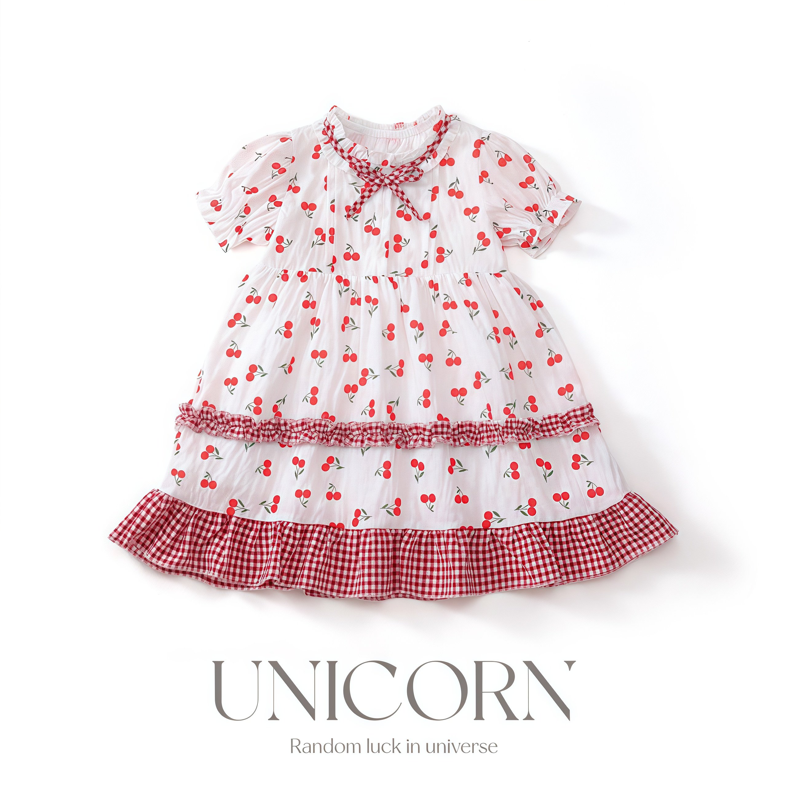 UNICORN女童26年夏季新款森系甜美樱桃连衣裙泡泡袖可爱公主裙子