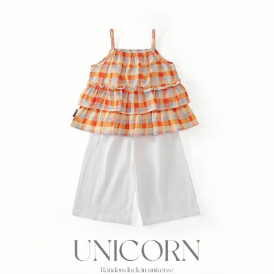UNICORN女童26夏新款韩版格子吊带七分阔腿裤套装女宝清凉两件套