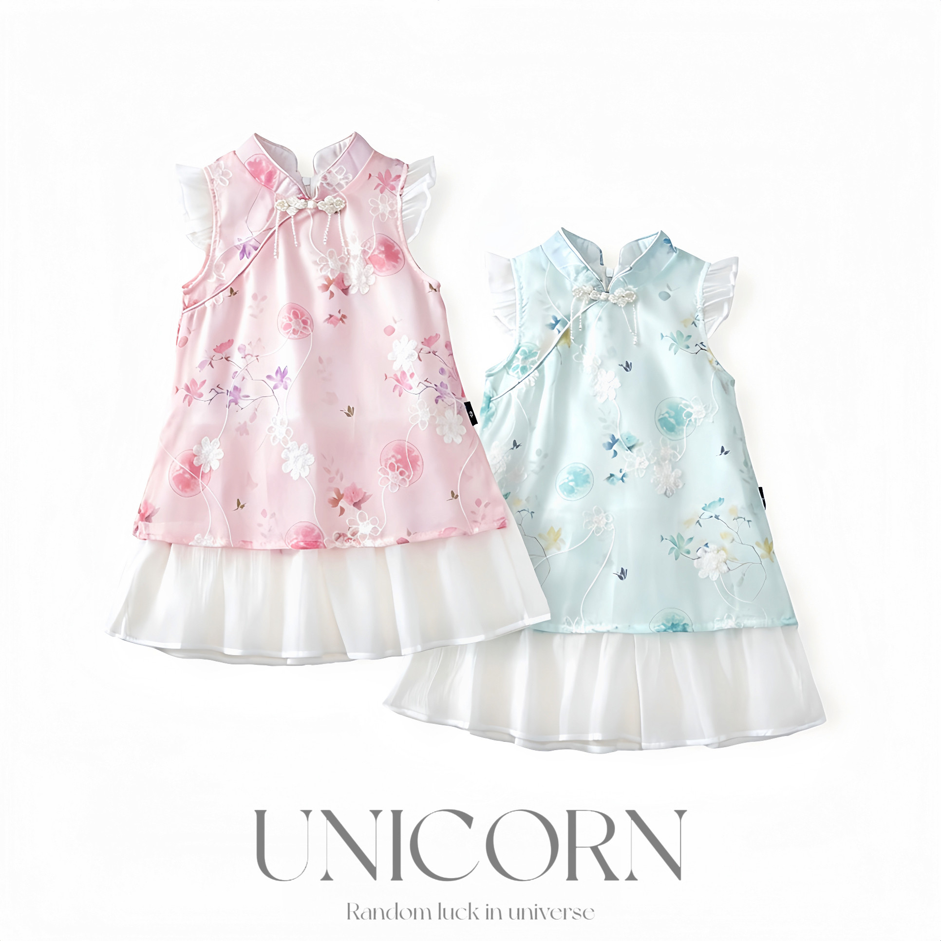 UNICORN女童26夏季新中式民国风盘扣旗袍小飞袖汉服雪纺纱背心裙