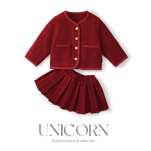 UNICORN圣诞新年加厚套装秋冬新款女童小香风安哥拉红裙子两件套