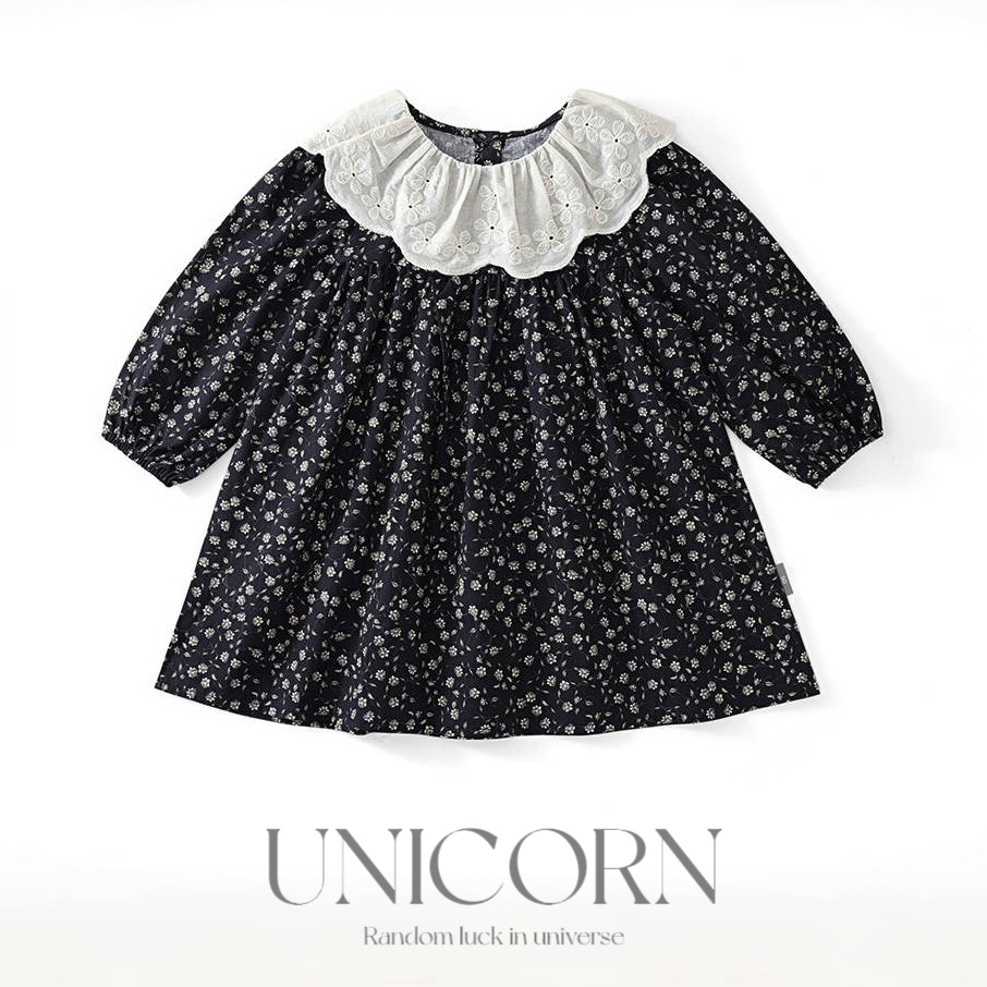 UNICORN女童25春新款森系复古碎花连衣裙蕾丝拼接圆领韩版娃娃裙