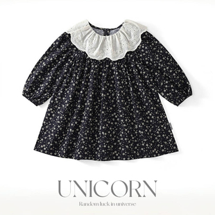 UNICORN女童26春新款森系复古碎花连衣裙蕾丝拼接圆领韩版娃娃裙
