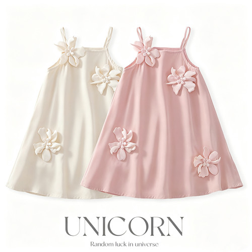 UNICORN女童26夏新款立体花朵清凉吊带裙女宝纯色背心连衣裙童装