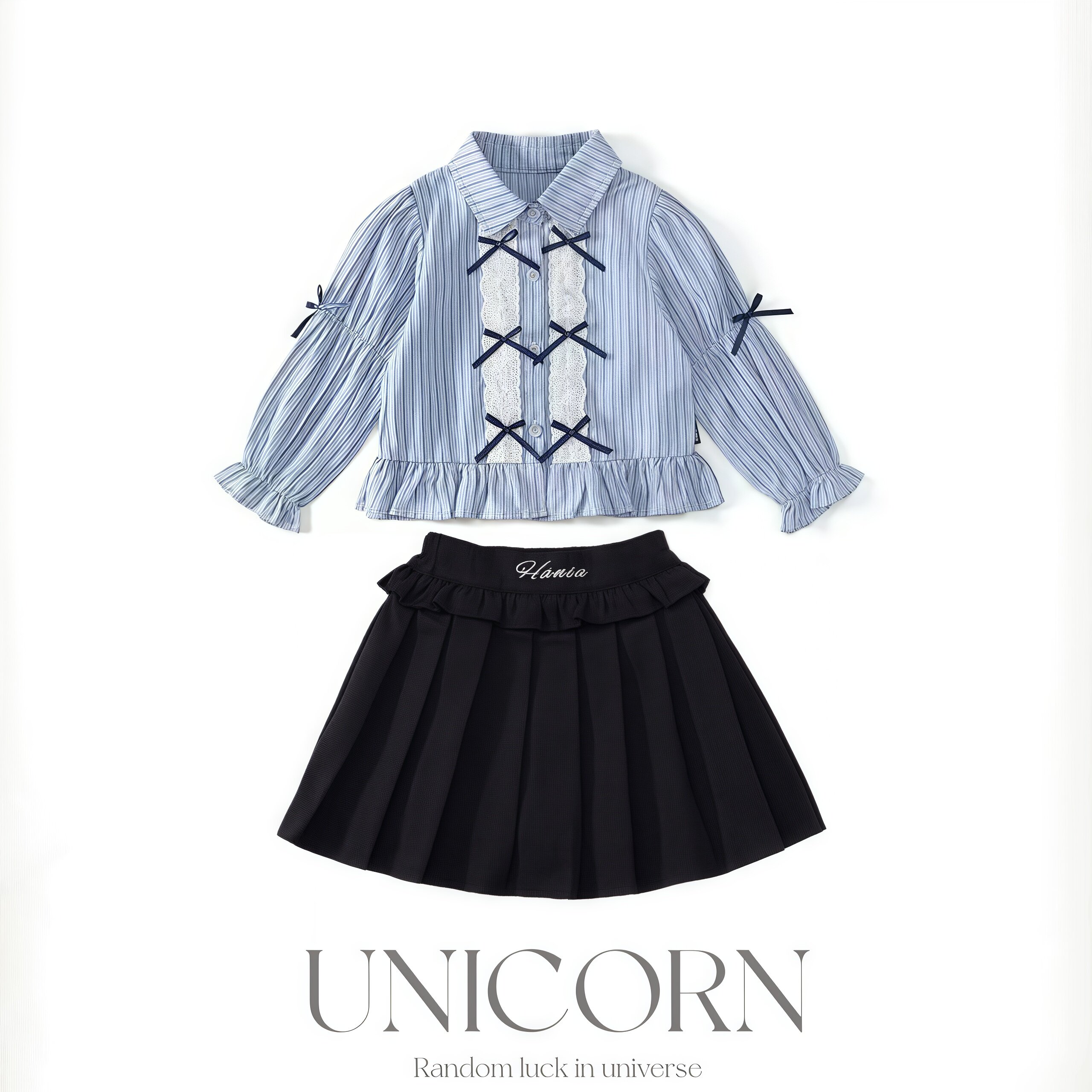 UNICORN女童26春秋新款韩版洋气条纹蝴蝶结长袖衬衫女宝百褶短裙