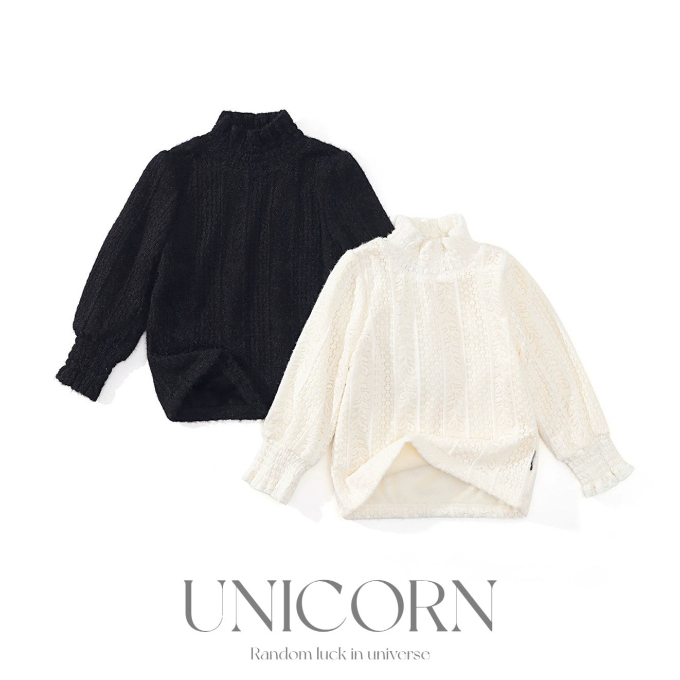 UNICORN女童秋冬款韩版蕾丝中领弹力打底衫女宝加绒内搭针织上衣