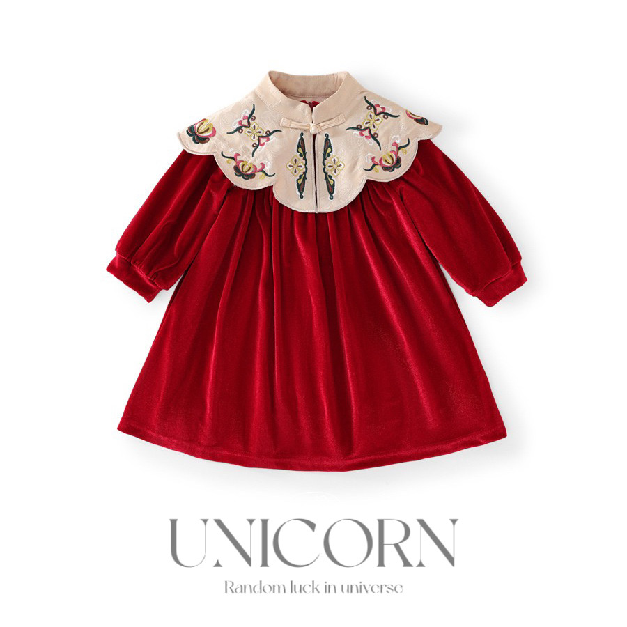 UNICORN女童秋冬新款红色年服丝绒连衣裙中国风刺绣云肩领娃娃裙