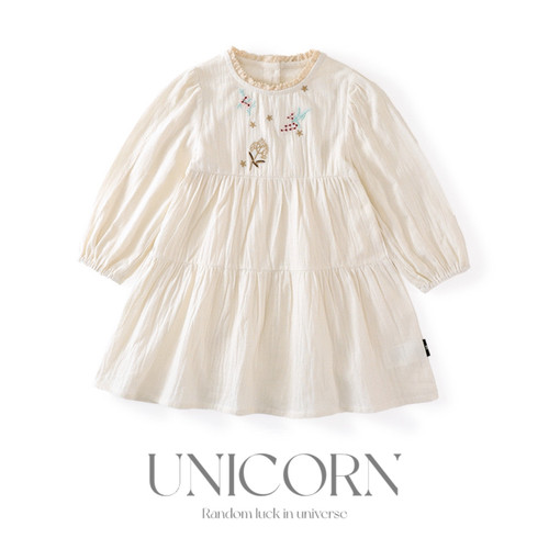 UNICORN女童纯棉连衣裙26春季新款韩版刺绣连衣裙长袖娃娃公主裙