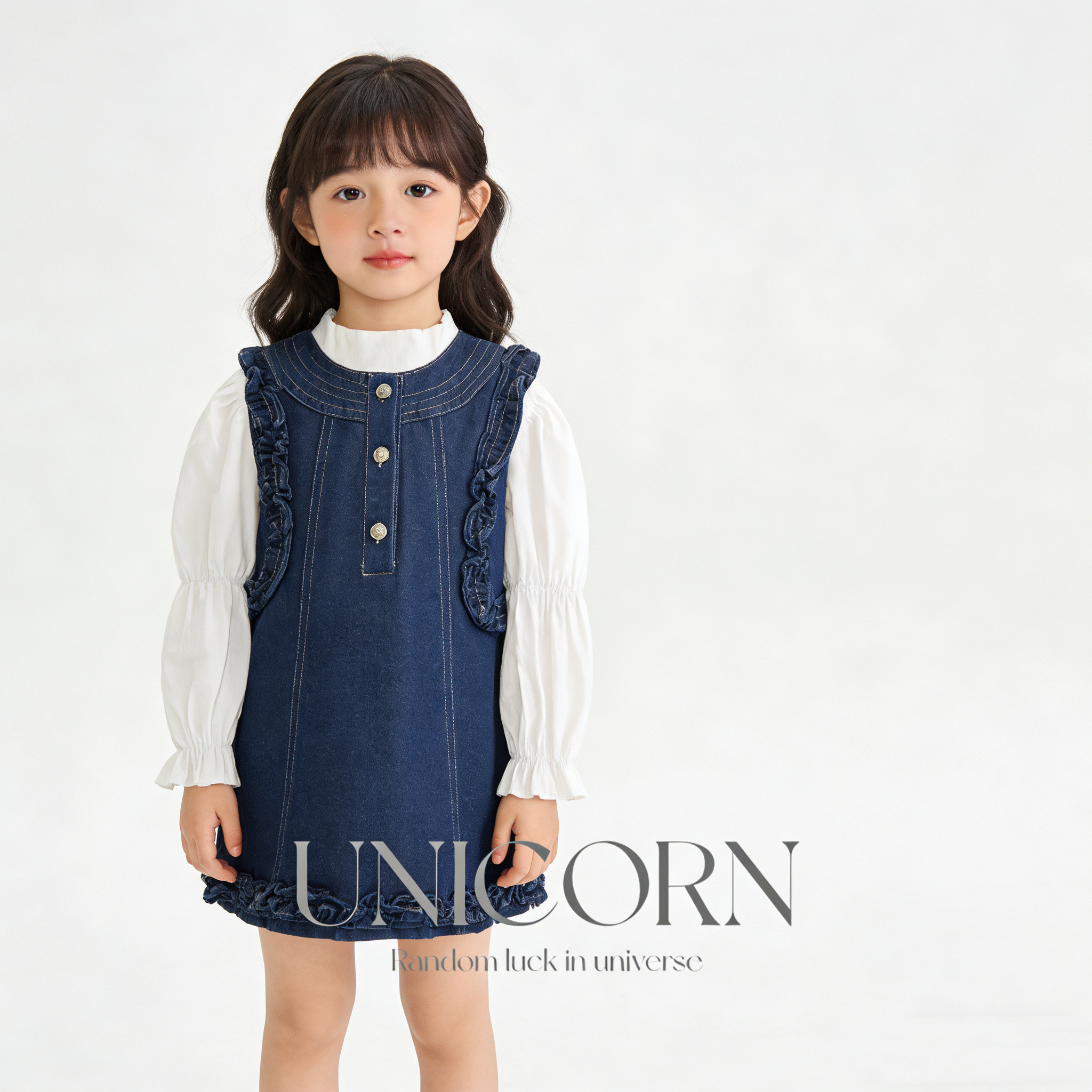 UNICORN女童2026年新款韩版可爱软牛仔背心裙木耳花边无袖连衣裙