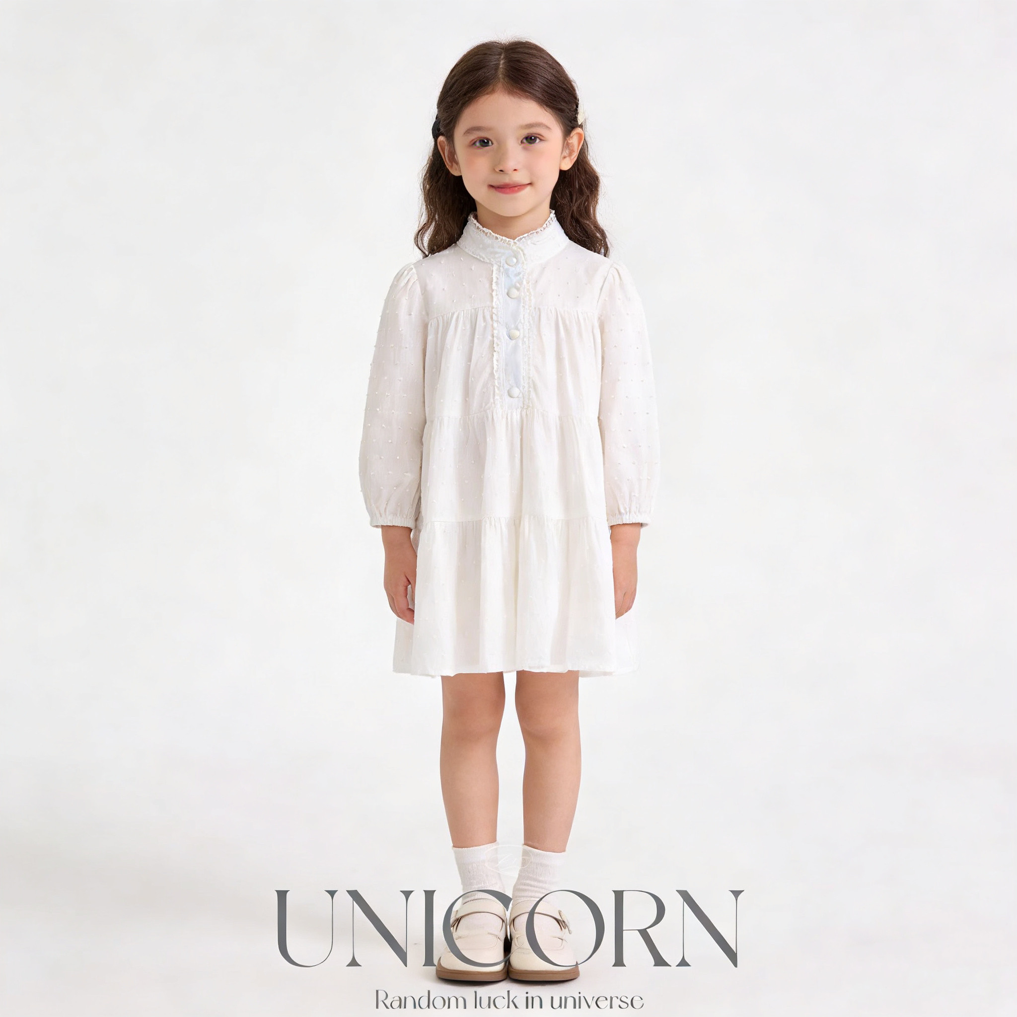 UNICORN女童26春新款韩版森系提花白色长袖连衣裙女宝公主娃娃裙