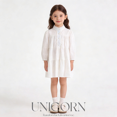 UNICORN女童26春新款韩版森系提花白色长袖连衣裙女宝公主娃娃裙