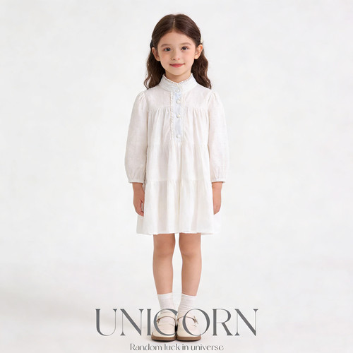UNICORN女童26春新款韩版森系提花白色长袖连衣裙女宝公主娃娃裙