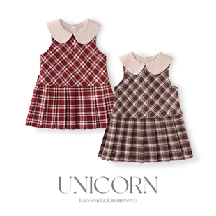 UNICORN女童格子背心裙25春新款学院风格子翻领百褶娃娃领连衣裙