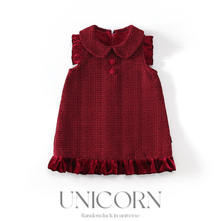 UNICORN女童25秋冬新款韩版洋气红色背心裙女宝小香风无袖连衣裙