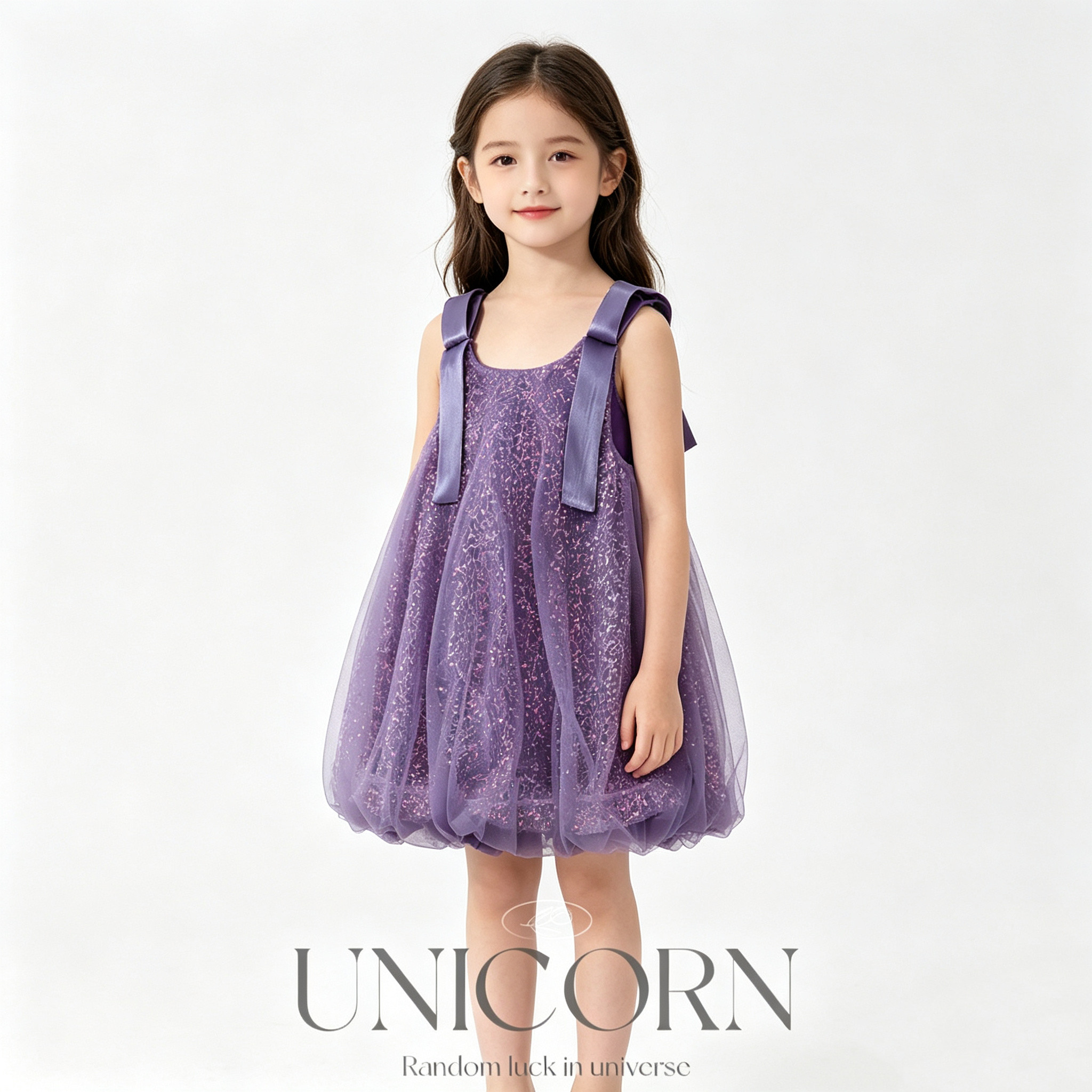 UNICORN女童26夏季新款亮片网纱花苞背心连衣裙女宝公主吊带童裙