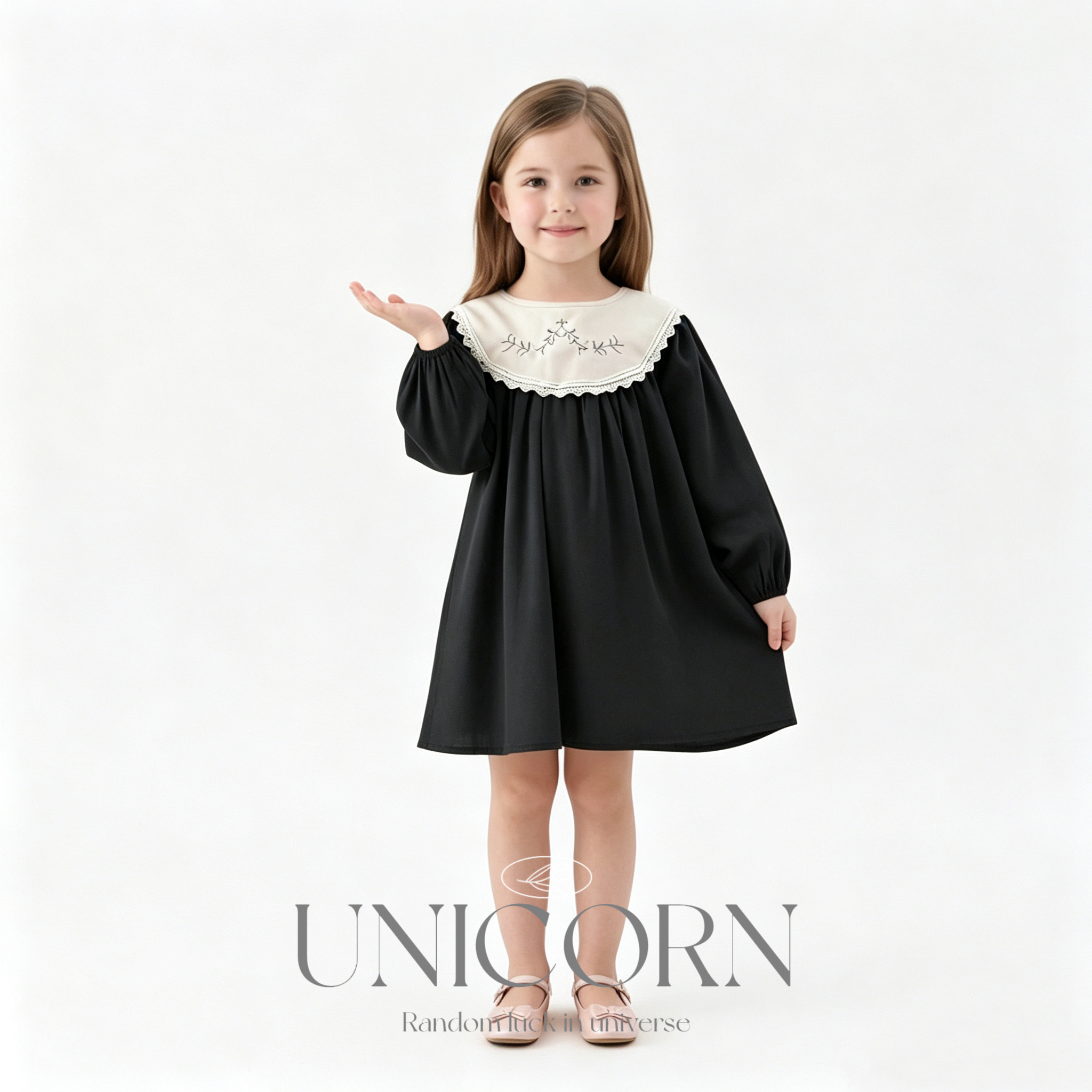 UNICORN女童26新款法式刺绣纯棉连衣裙春秋款洋气童装长袖公主裙