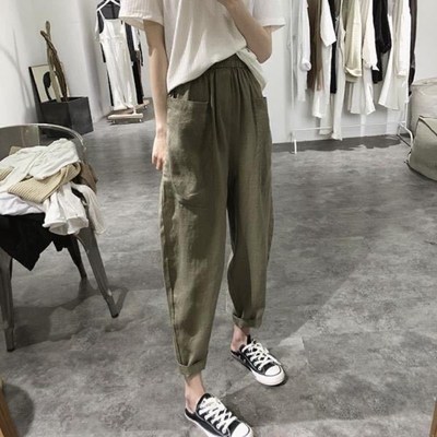 速发大码宽松棉麻装麻伦裤休闲九分萝卜裤春时尚亚哈阔腿裤