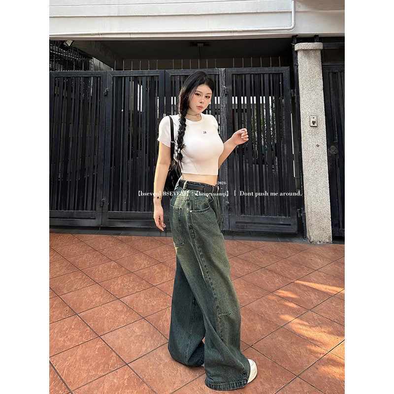 速发黑泽玄七牛仔裤2阔24春季新款版腰宽松窄高0腿直筒裤