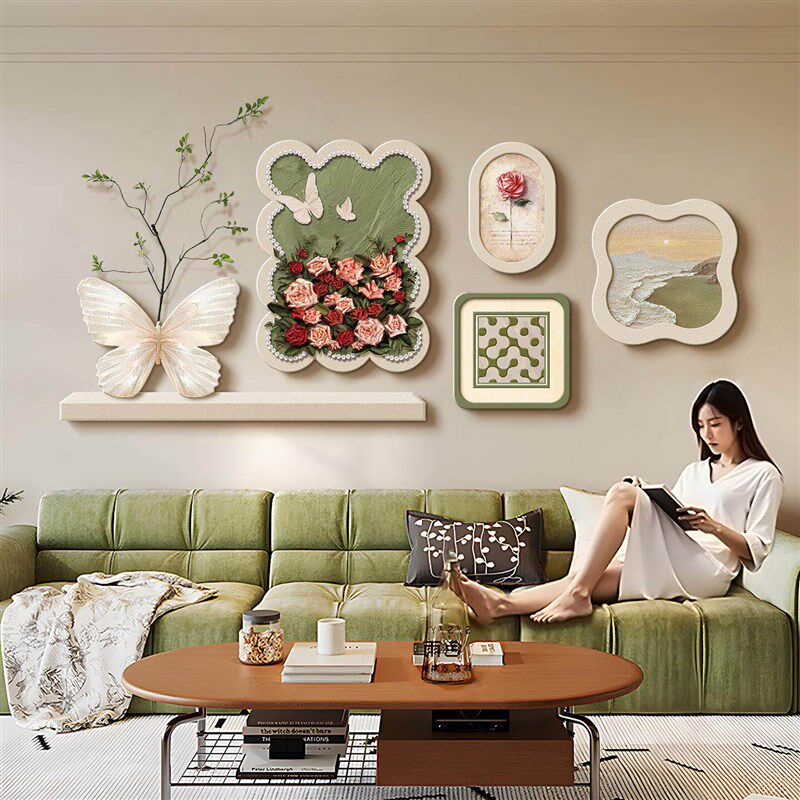 速发法式奶油风客厅装饰画轻奢高级感玫瑰沙发背景墙挂画艺术组合