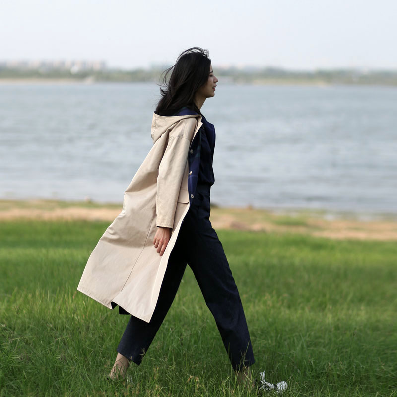 速发秋天两面穿外套女秋双面休闲连帽 宽松长风衣女长款气质过膝