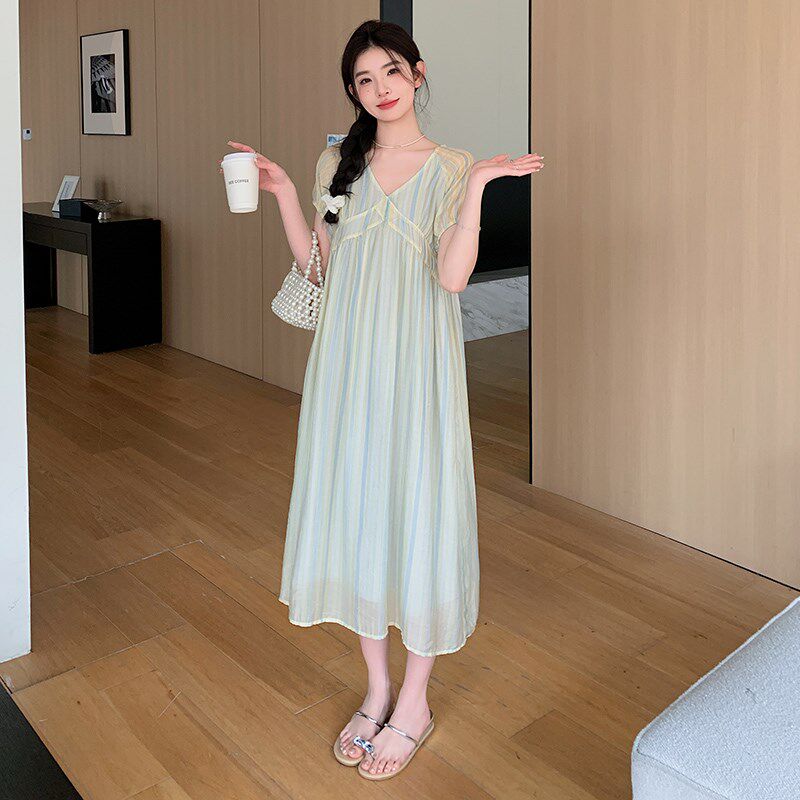 速发孕妇装夏天裙子怀孕期宽松V领条纹气质减龄潮妈夏季连衣裙