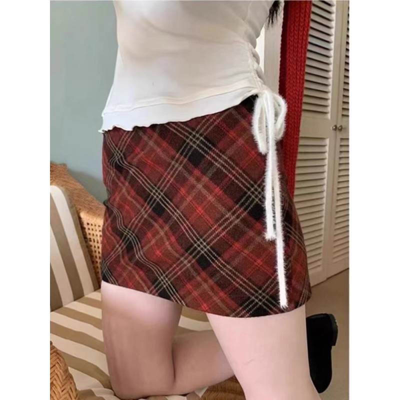 速发红色毛呢格子半身裙女秋冬大码复古高腰A字裙包臀裙格纹短裙