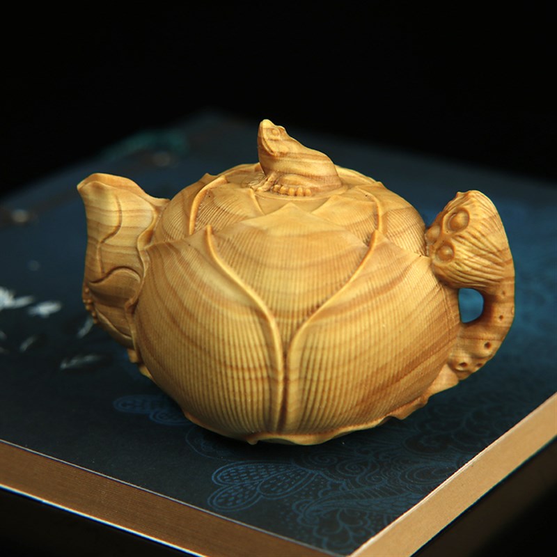 速发黄木木雕禅莲荷叶壶手把件家居工艺品杨质雕刻青意茶宠文玩摆
