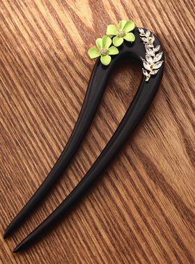 檀木发簪新中式冷感韵味绿色盘发汉服马面裙簪子女古风旗袍头饰