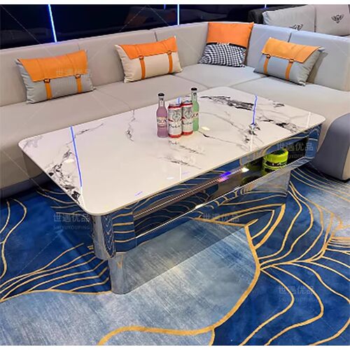 KTV酒吧茶几夜场会所专用不锈钢钢化玻璃不发光轻奢岩板桌子定制