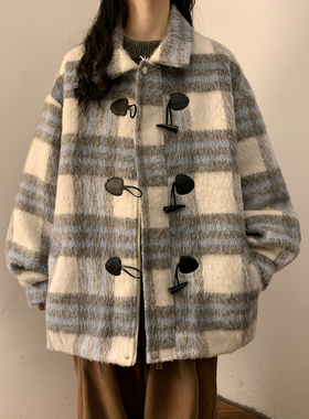 速发复子格子毛呢外套气质高级感vitage松宽牛角扣呢古大衣潮