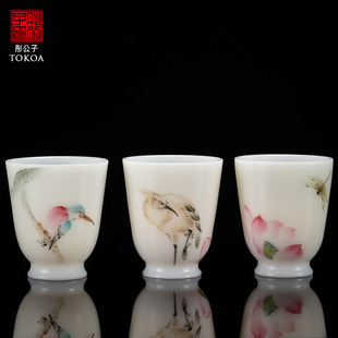 手绘主人杯80ml邱玫瑰鸟趣高档品茗杯德化白瓷茶杯家用陶瓷茶具
