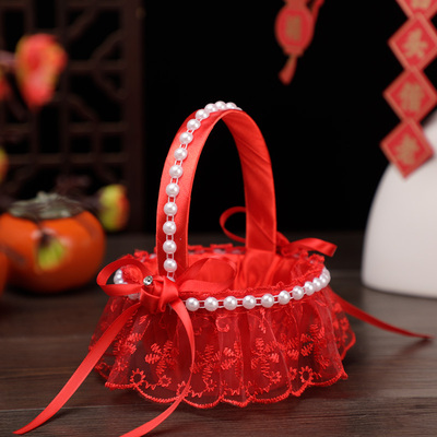 新中式婚礼花童撒花瓣花篮小号大号手提收纳藤编篮子结婚喜篮道具