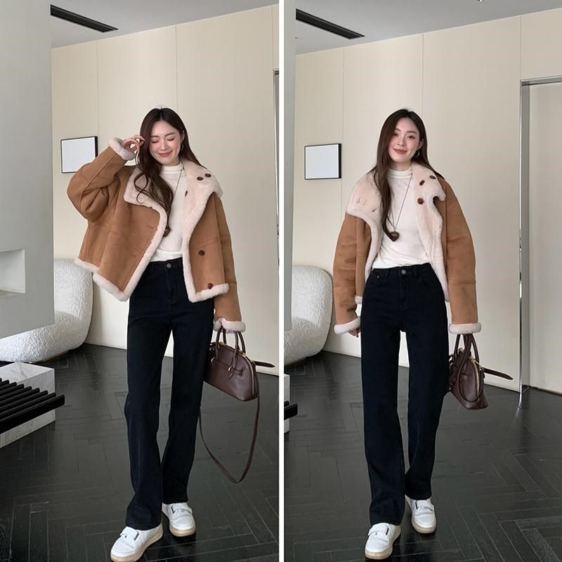 显瘦闭眼入~黑色窄版加绒牛仔裤2024年新款女秋冬直筒宽松阔腿裤