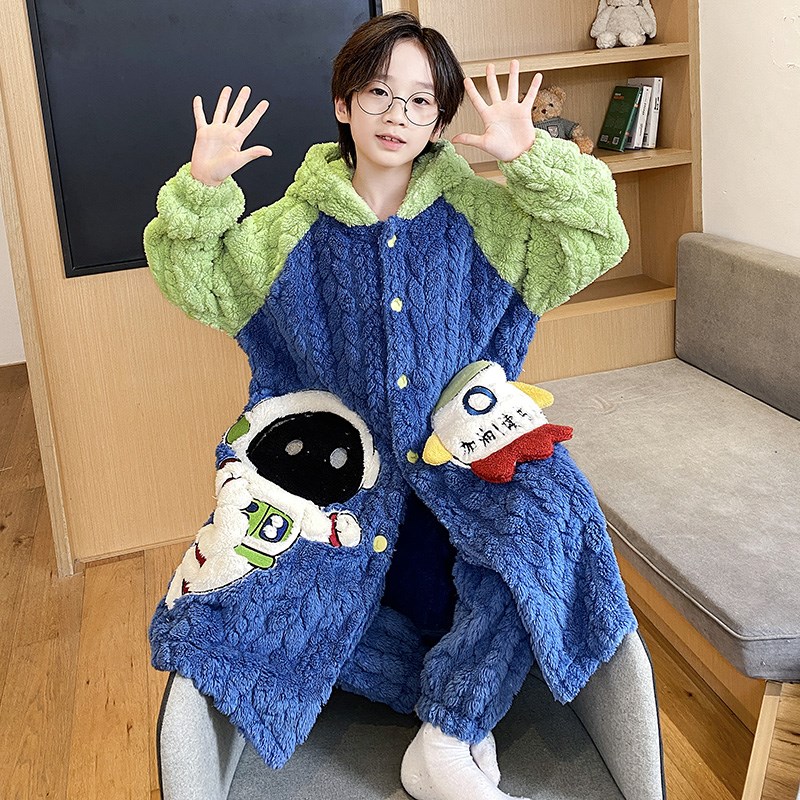 儿童睡衣男孩2024新款秋冬季加绒加厚珊瑚绒男童睡袍冬款男孩套装