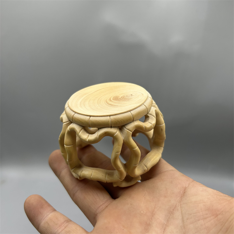 小叶黄杨木雕圆鼓凳底座花盆鱼缸花瓶摆件奇石佛像实木镂空圆底座
