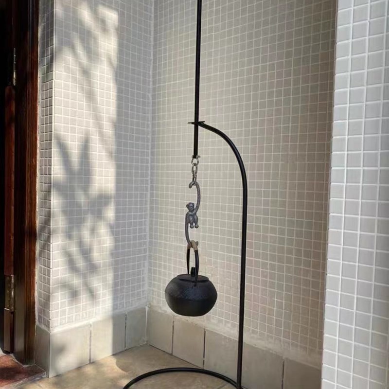 烧烤煮茶木炭盆可伸缩落地自在钩日式铁艺悬吊铁壶挂钩铸铁自锁钩