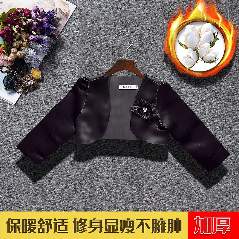 女童外套2022新款秋女童黑色礼服外套夹棉加厚棉服外套外搭披肩